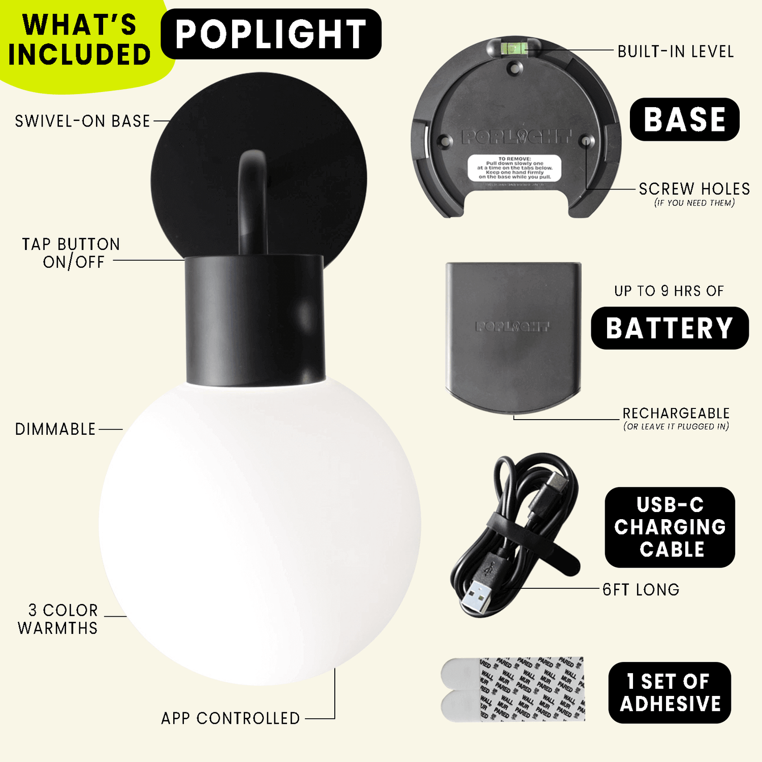 Matte Black Poplight wall light features, including swivel base, dimmable options, battery info, USB-C charging, and adhesive setup.