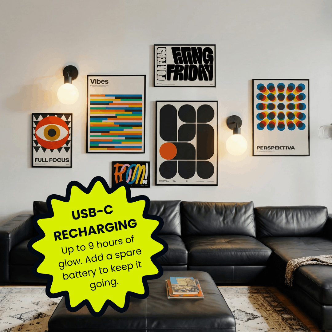 Black Poplight wall light sconces, USB-C recharging up to 9 hours of glow. Add a spare battery to keep it going
