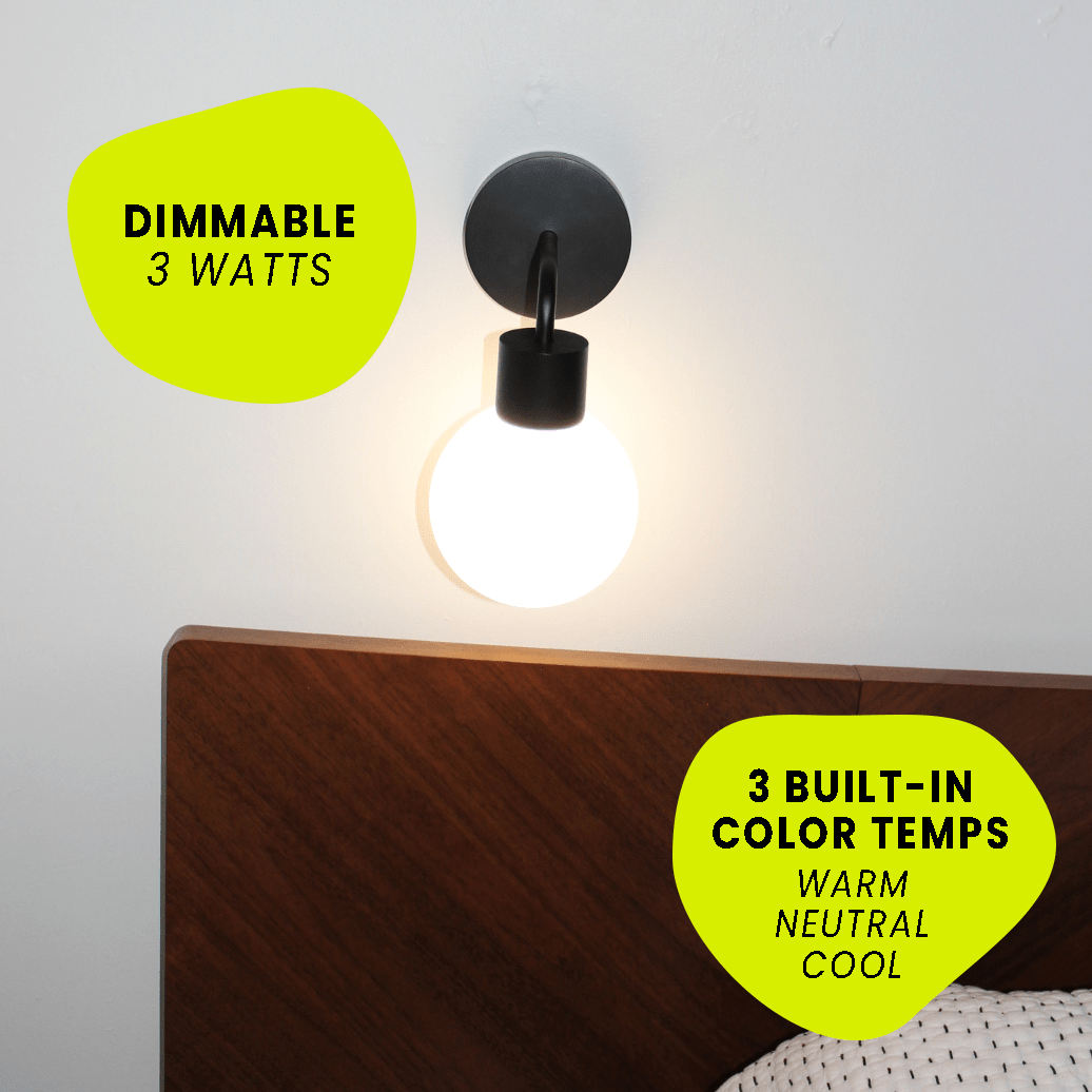 Dimmable 3-watt wall sconce with adjustable color temperatures: warm, neutral, and cool.