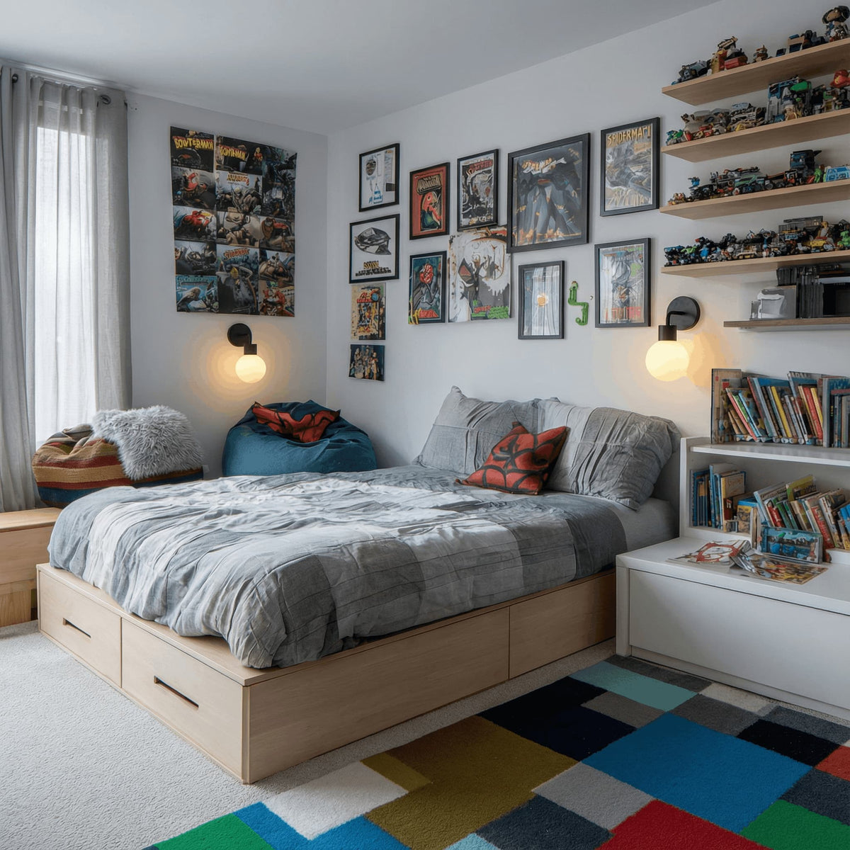 Kids bedroom with toys organize on the shelves and two matte black rechargeable wall light sconces