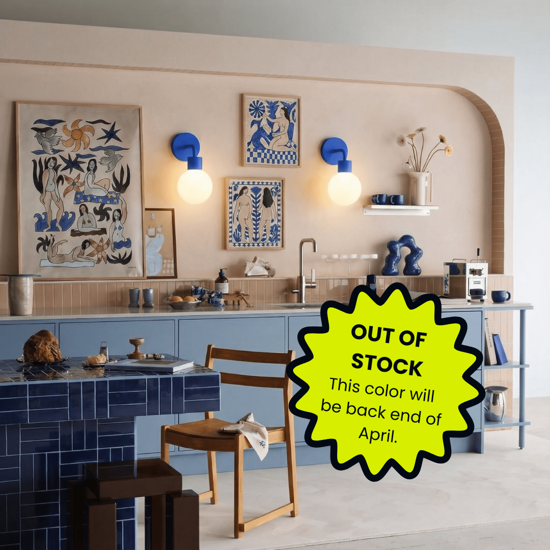 Blue Poplight wall sconces are out of stock and will be back by the end of April.