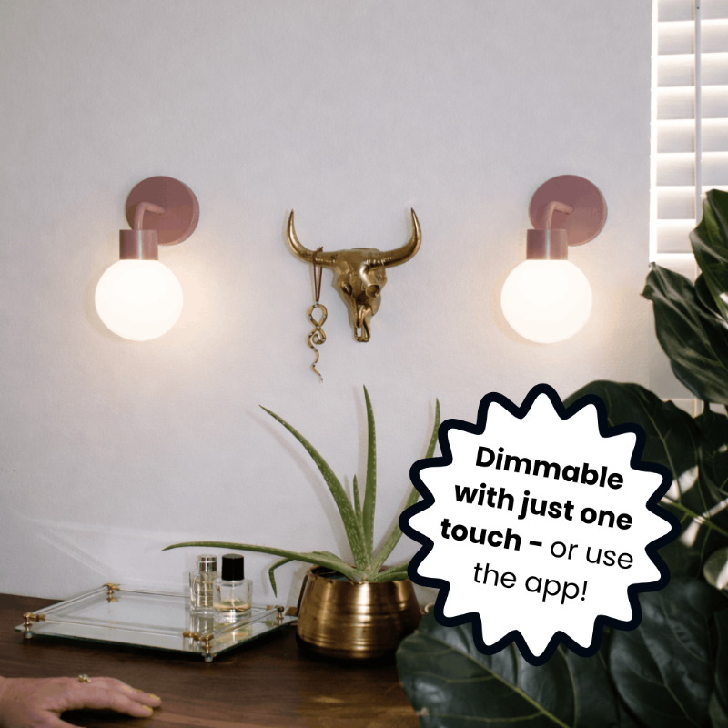 Two Poplight dusty rose wall sconces on the wall with animal head wall accent