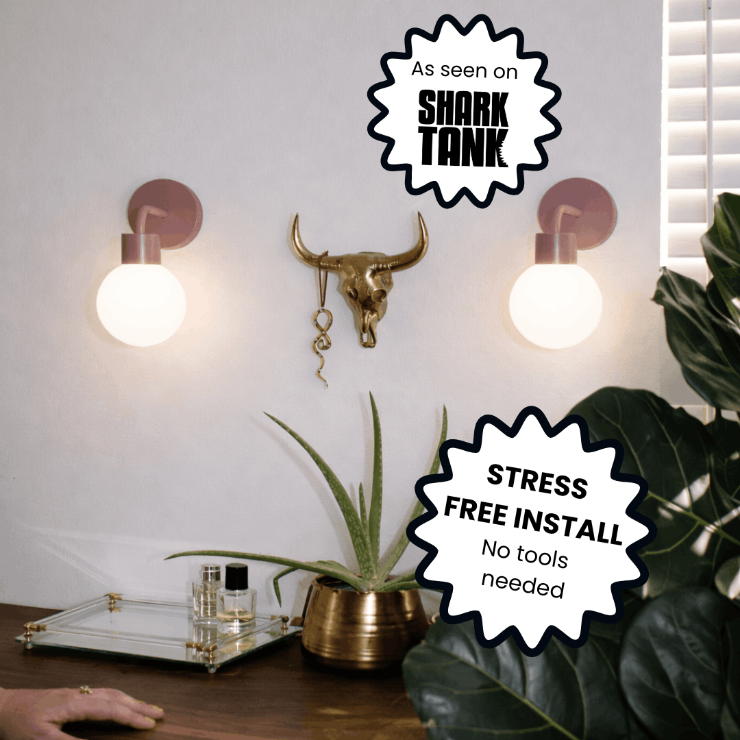 Poplight Dusty Rose wall light sconces with text blurb "Stress Fee Install"