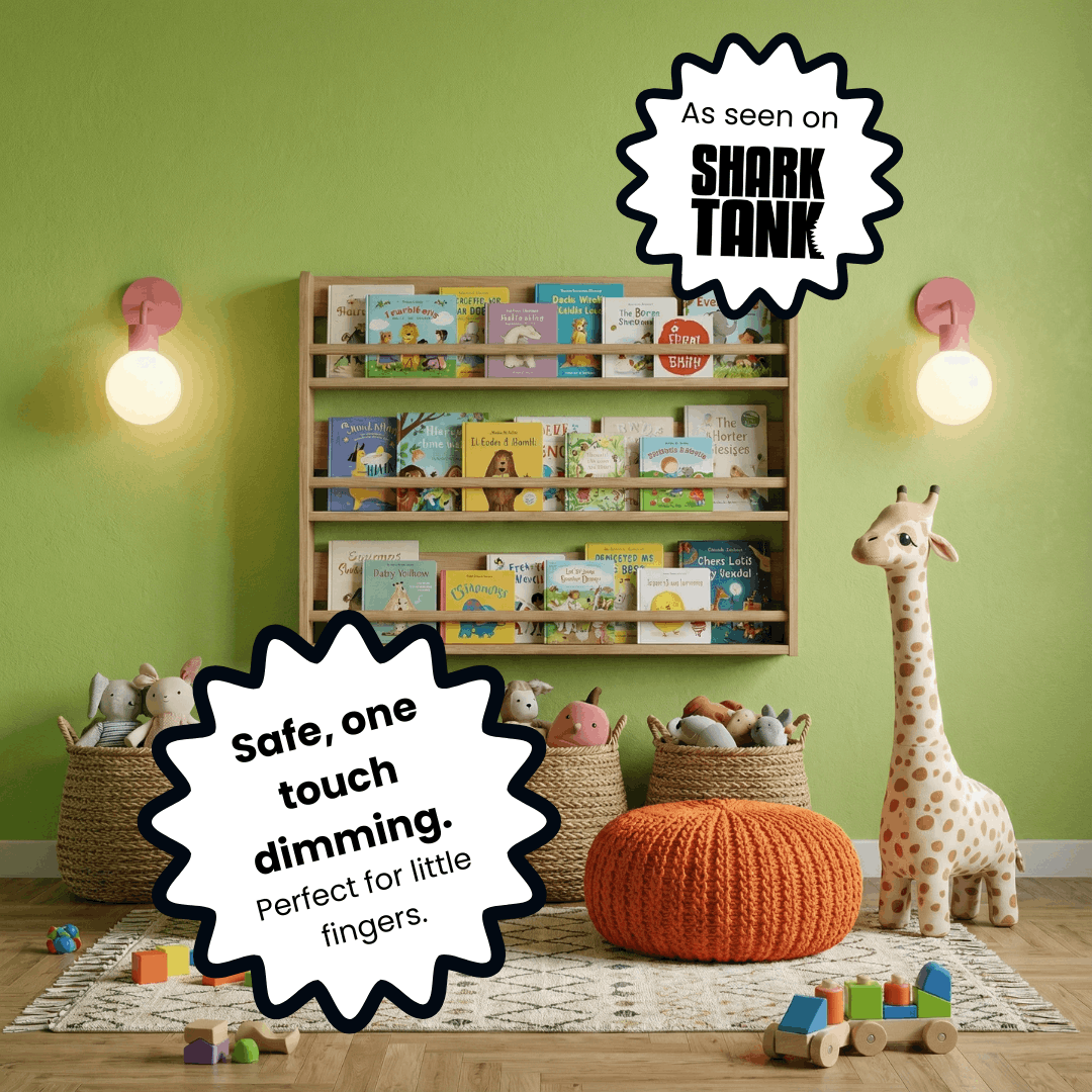 Kids playroom lit by PL Dusty Rose wall light sconces with text blurb "Safe, one touch dimming"