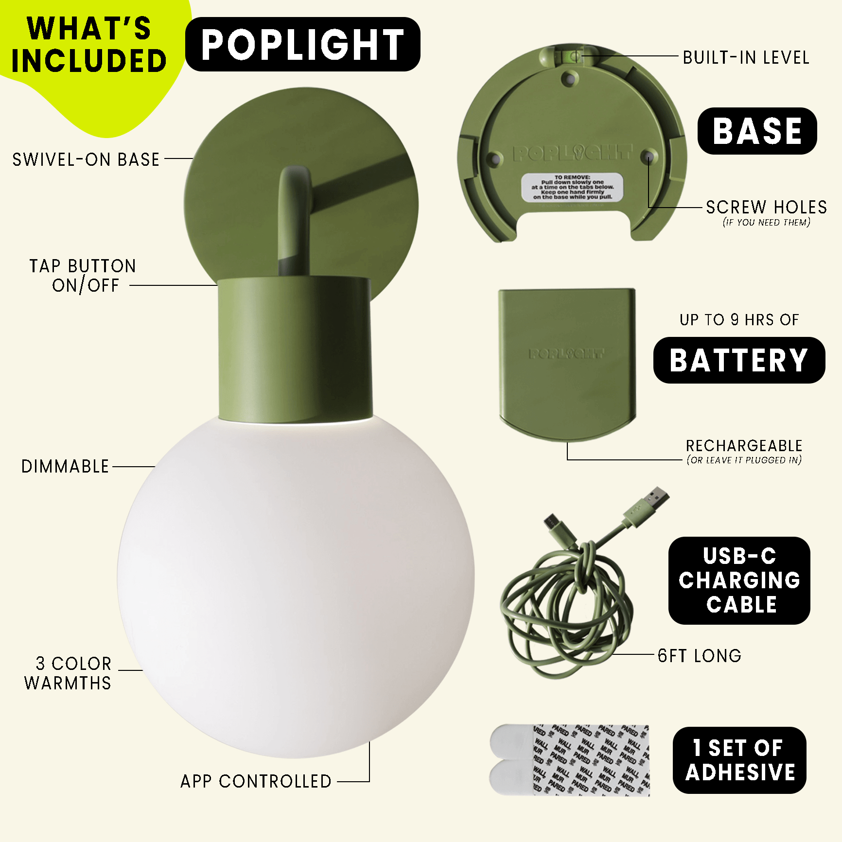Sage Green Poplight with rechargeable battery, dimmable settings, USB-C cable, adhesive, and base included. Stick-on wall lighting.