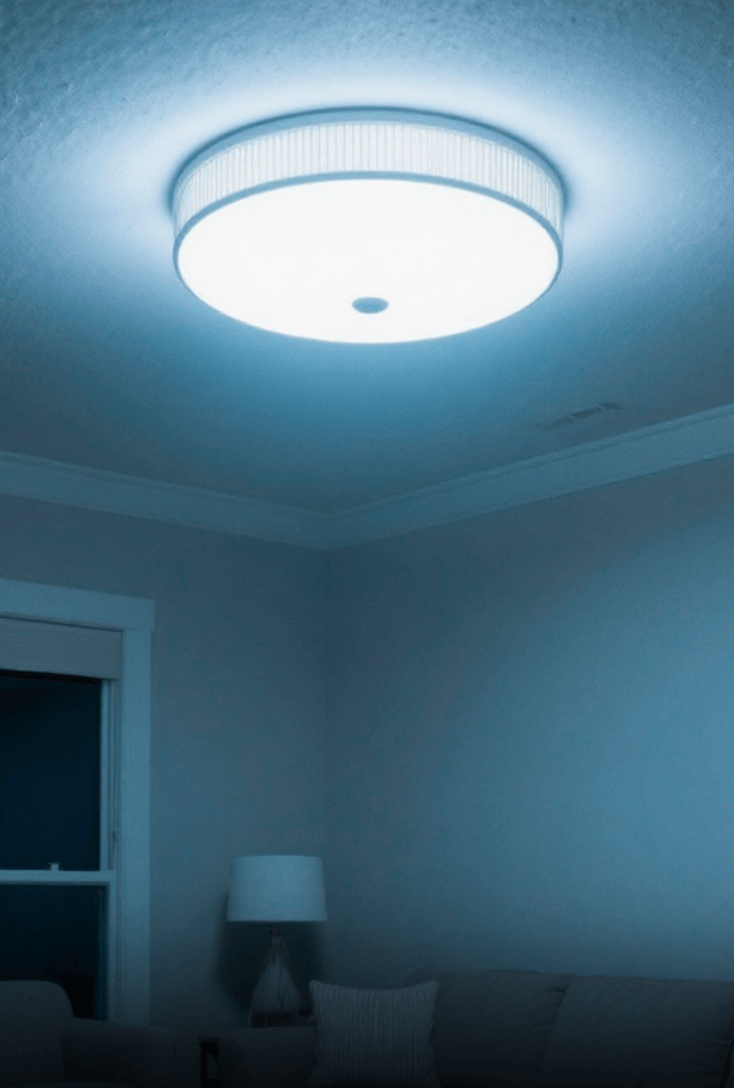 Big harsh overhead living room lighting