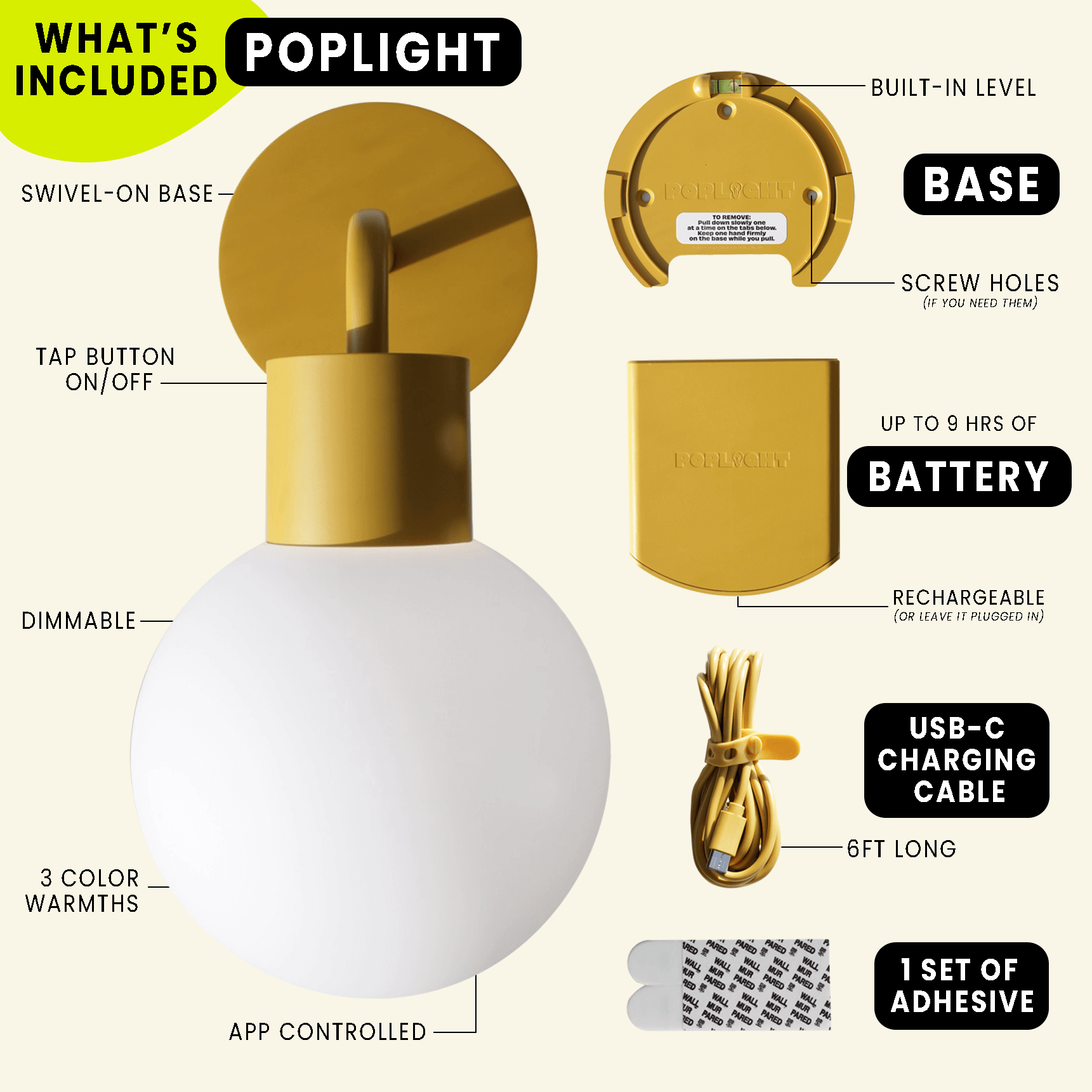 Poplight in marigold wall light features, including a swivel base, dimmable options, battery info, USB-C charging, and adhesive setup.