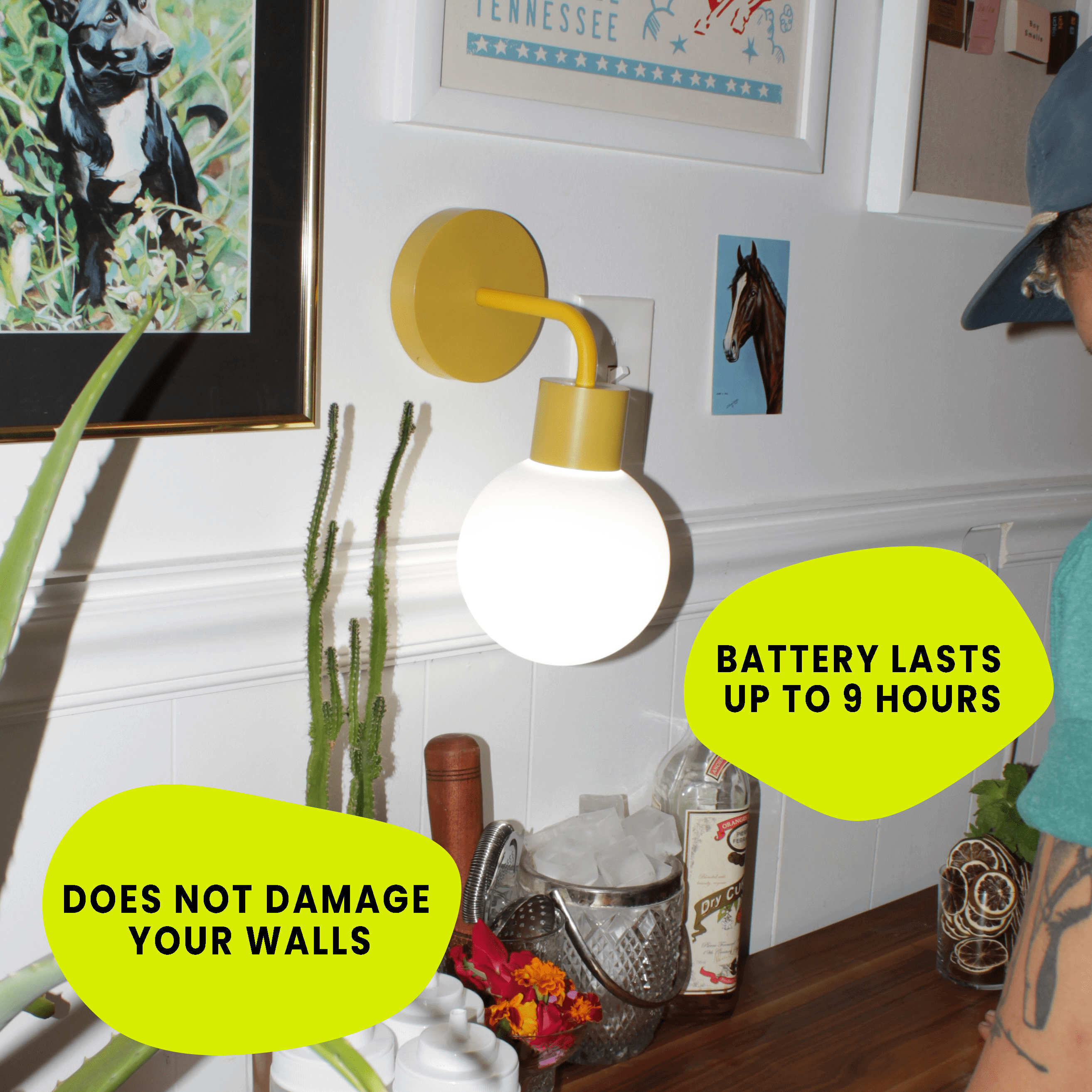 Marigold Poplight wall lamp with a glowing bulb, highlighting battery life up to 9 hours and no wall damage.