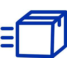 Blue icon of a fast-moving package symbolizing quick delivery and shipping services.