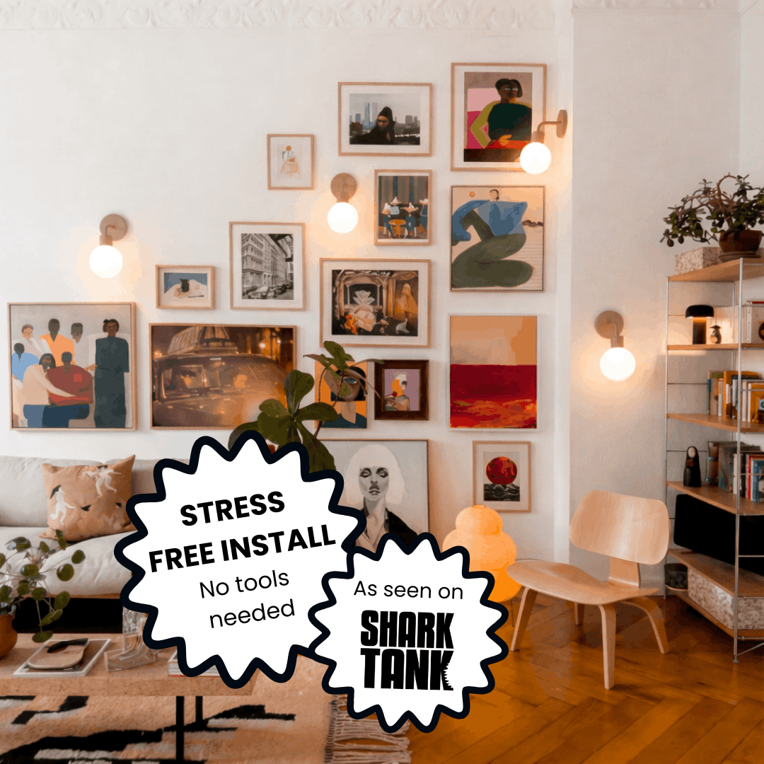 Four Poplight mushroom wall light sconces, wall framed artworks and text blurb "Stress Fee Install, no tools needed."