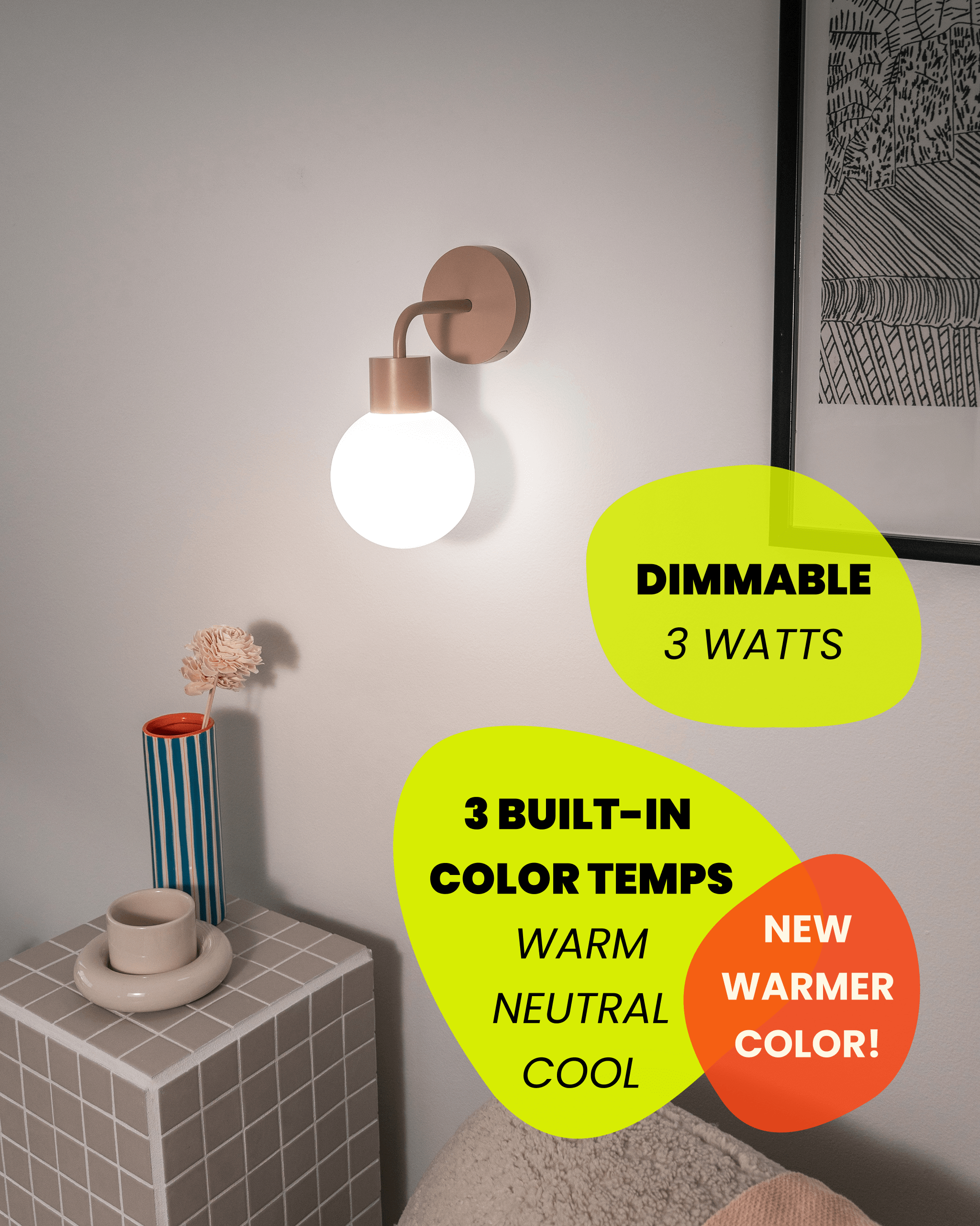 Mushroom Poplight wall light sconce Bundle - with text blurb on dimmable and built-in color temperature