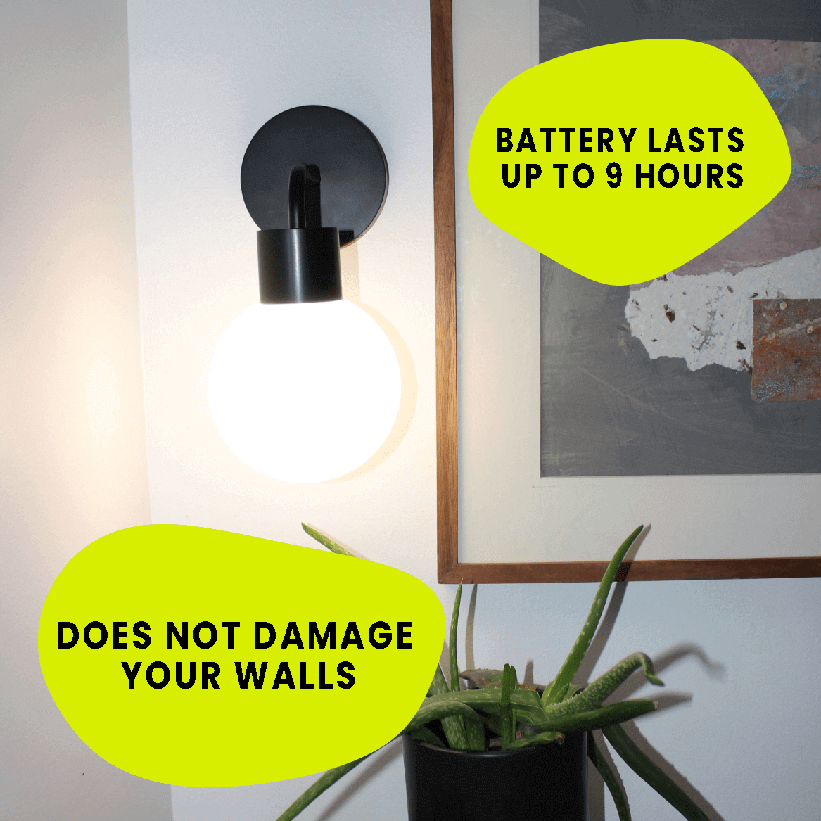 Rechargeable matte black wall light showcasing battery life and wall-safe installation, perfect for easy ambiance.