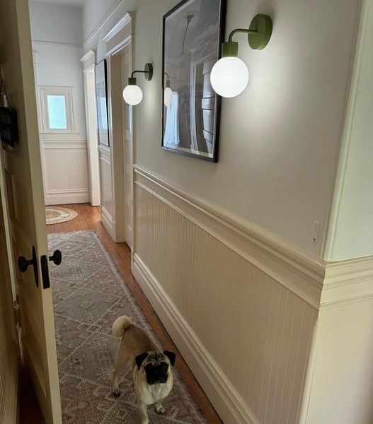 Cozy hallway featuring a pug, modern rechargeable wall sconces, and stylish decor with natural light.