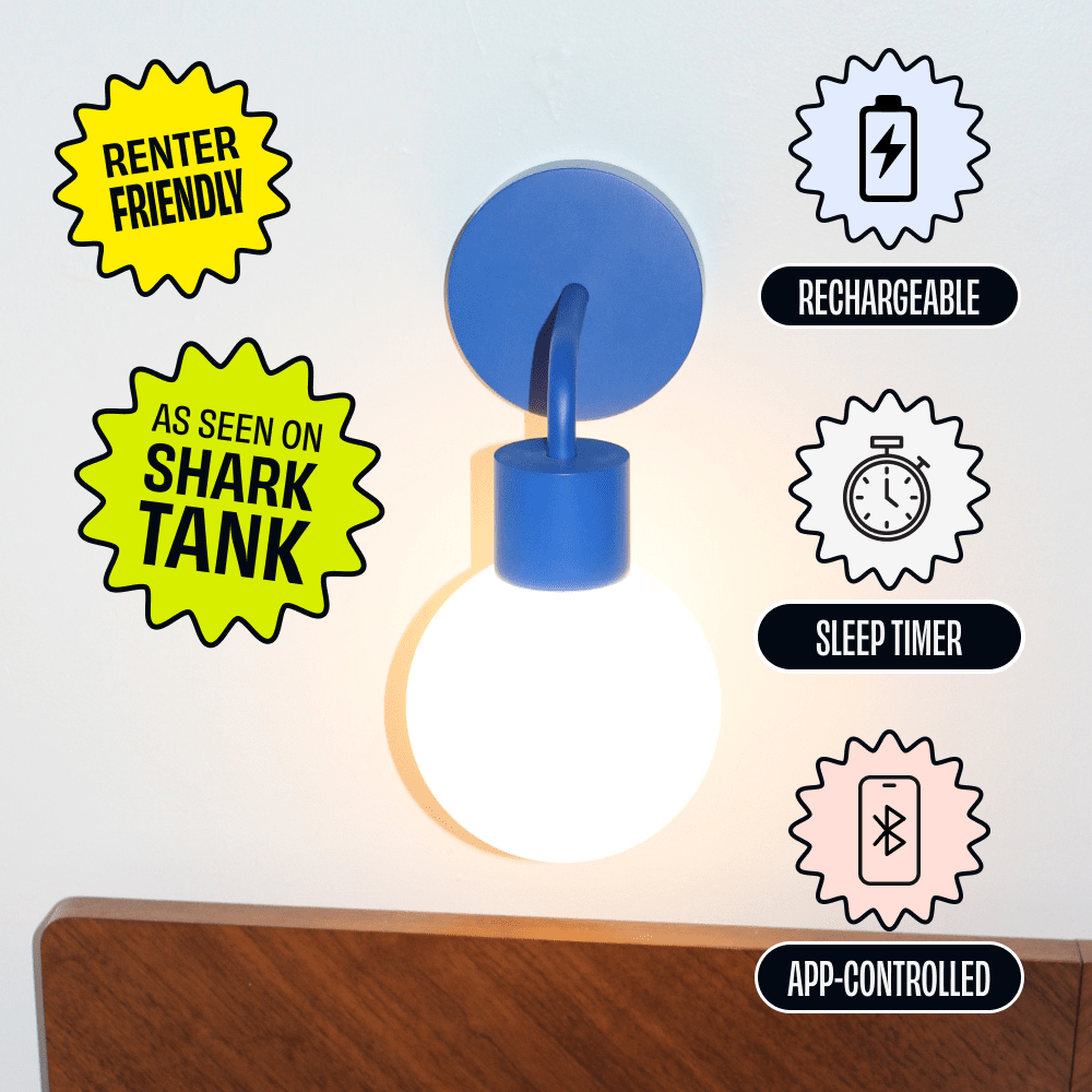 Blue Poplight rechargeable sconce positioned above a wooden headboard with feature badges highlighting &