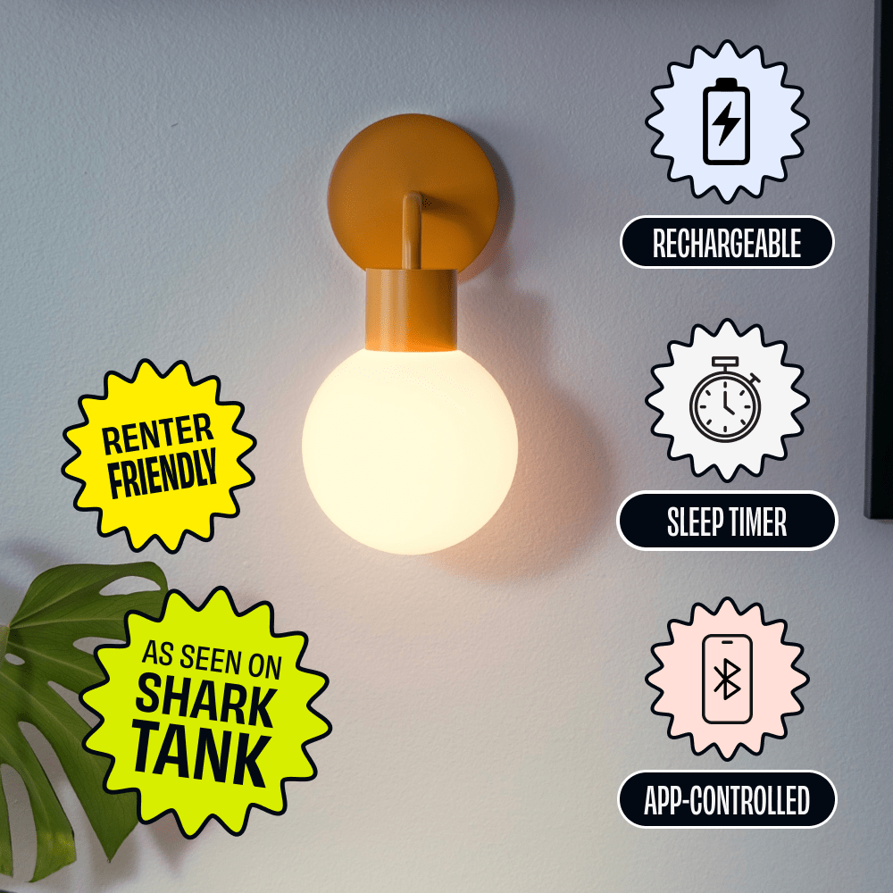 Marigold Poplight mounted on the wall, featuring product badges highlighting 'Renter Friendly,' 'As Seen on Shark Tank,' 'Rechargeable,' 'Sleep Timer,' and 'App-Controlled' features.