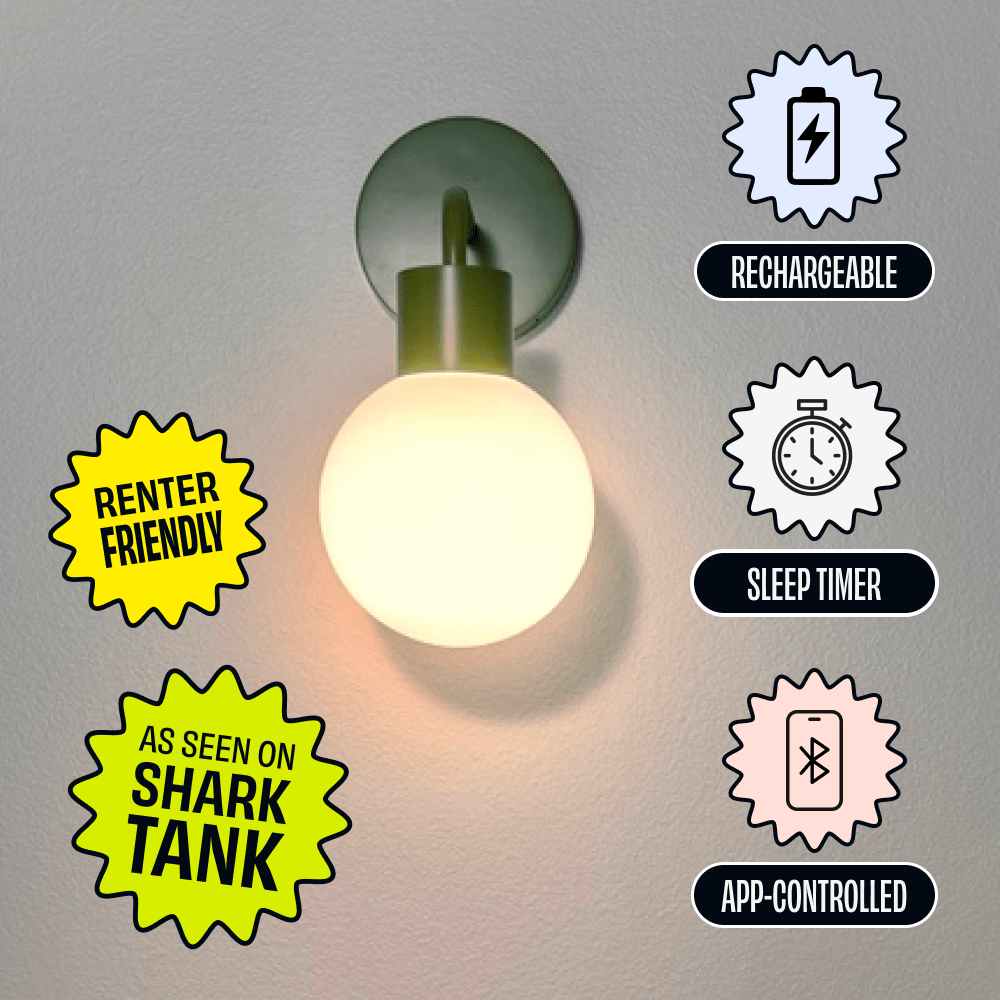 Sage Green Poplight rechargeable sconce with with feature badges highlighting &