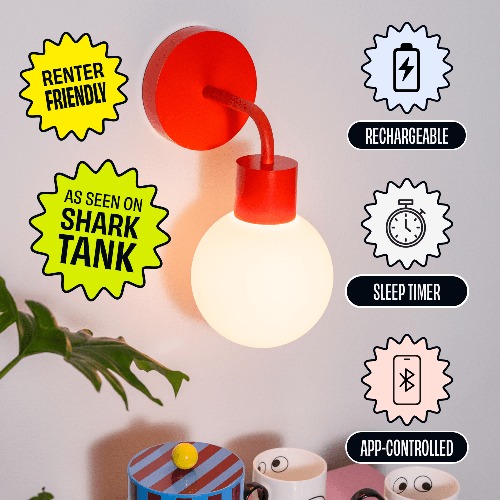 Vermillion Red Poplight rechargable sconce mounted above a small coffee corner with feature badges highlighting &