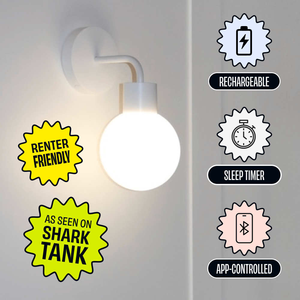 White rechargeable sconce mounted against a neutral wall with feature badges highlighting &
