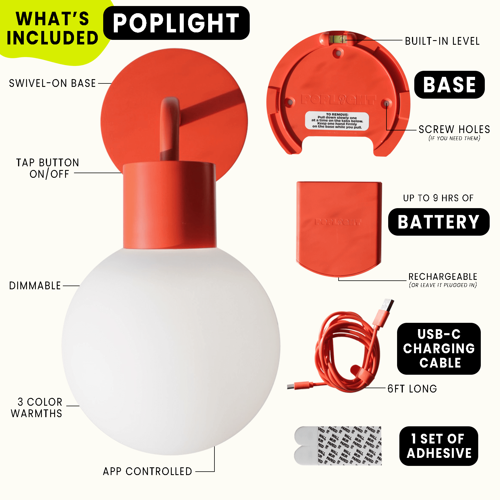 Vermillion Red Poplight components including swivel base, USB-C cable, adhesive, dimmable bulb with three color settings; easily rechargeable.