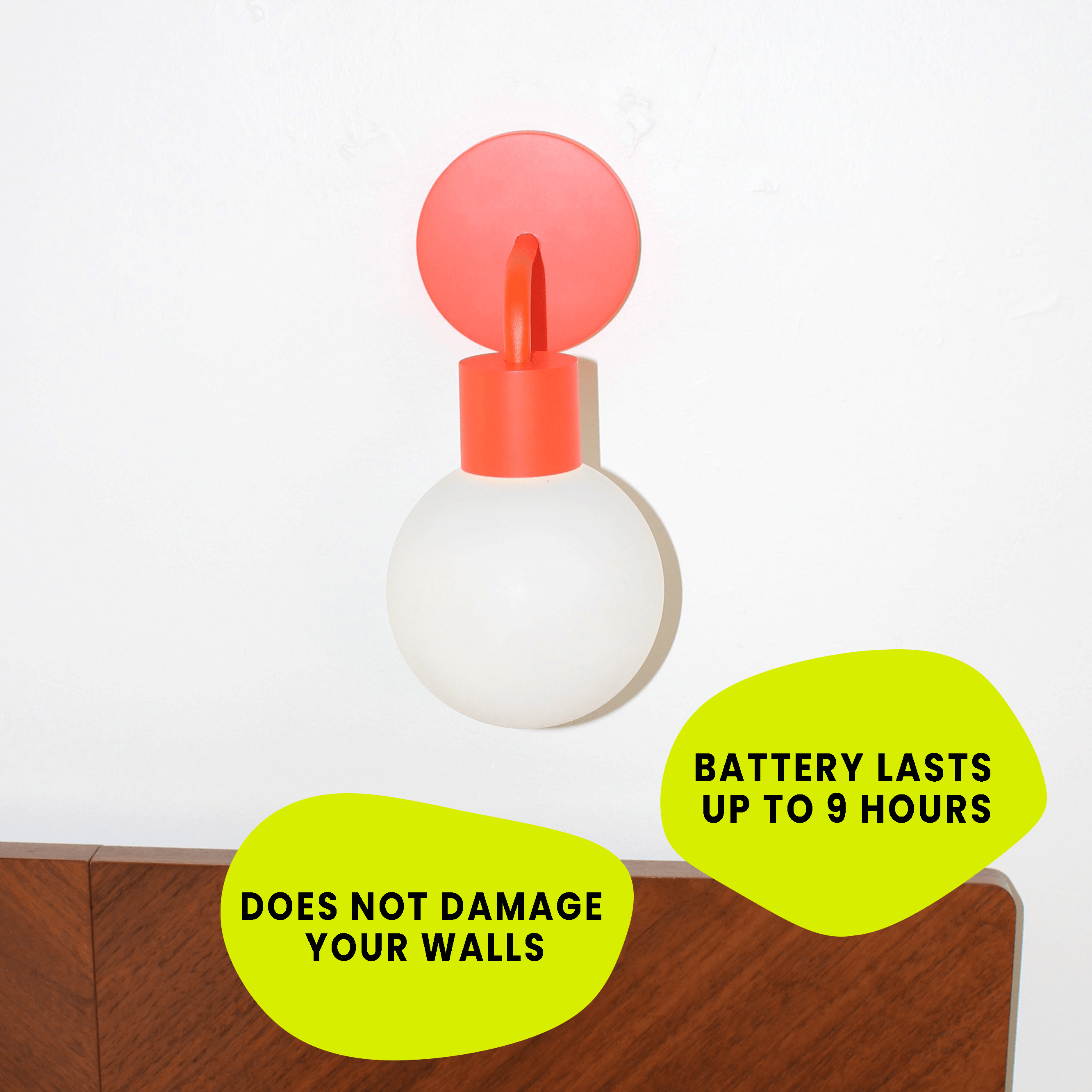 Vermillion Red Poplight, rechargeable wall lighting, easy installation, long-lasting battery up to 9 hours without wall damage.