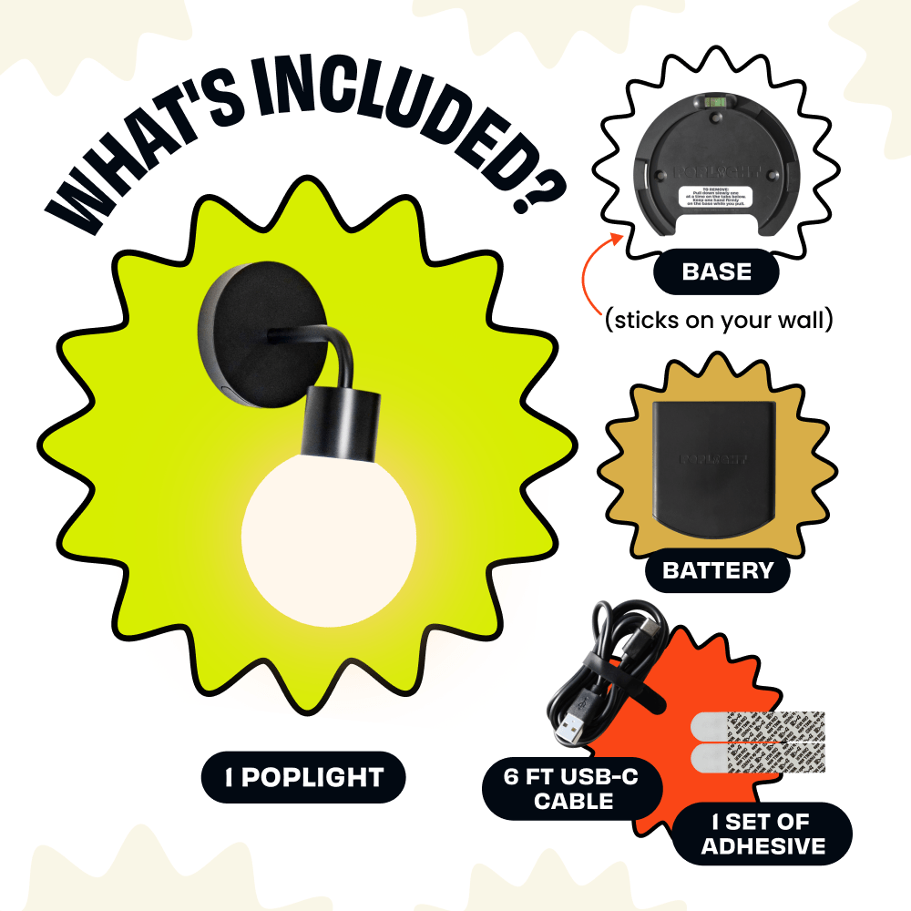 The Black Poplight includes a wall base, battery pack, USB-C cable, and adhesive strips.