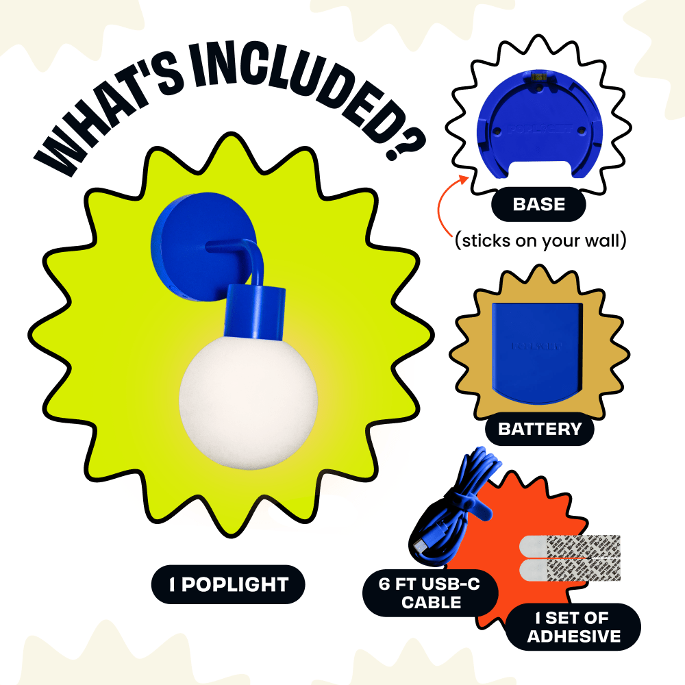 The Blue Poplight includes a wall base, battery pack, USB-C cable, and adhesive strips.
