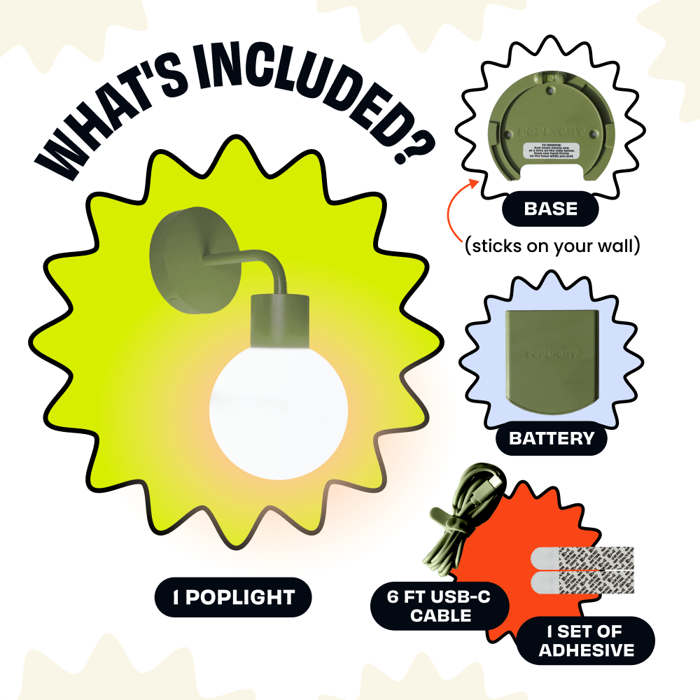 Sage Green Poplight includes wall base, battery pack, USB-C cable, and adhesive strips.