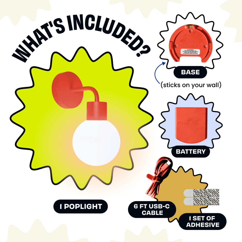 The Vermillion Red Poplight includes a wall base, battery pack, USB-C cable, and adhesive strips.