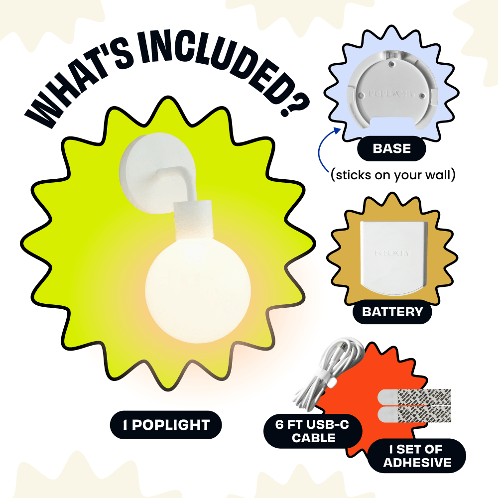 The White Poplight includes a wall base, battery pack, USB-C cable, and adhesive strips.