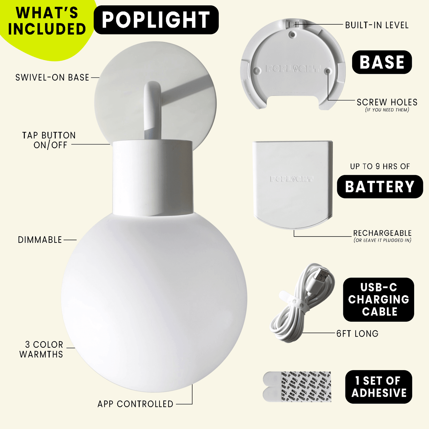 White Poplight with rechargeable battery, dimmable settings, USB-C cable, adhesive, and base included. Stick-on wall lighting.
