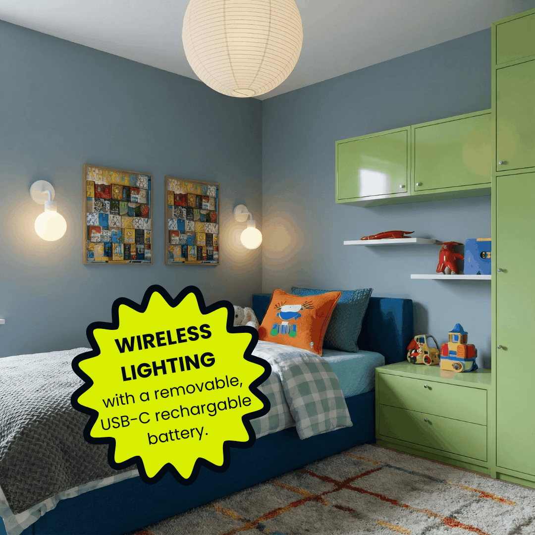 Kids' bedroom with green storage furniture, Poplight white rechargeable wall sconces, and promotional text about wireless lighting with USB-C rechargeable battery