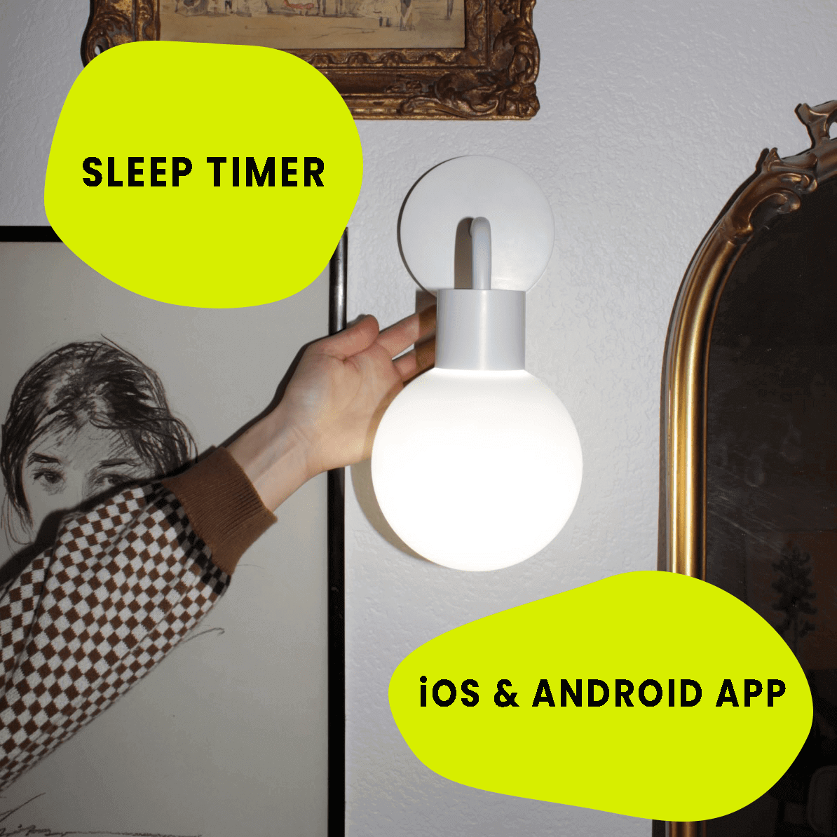 Hand adjusting rechargeable Poplight wall light with sleep timer, compatible with iOS and Android app for customizable lighting.