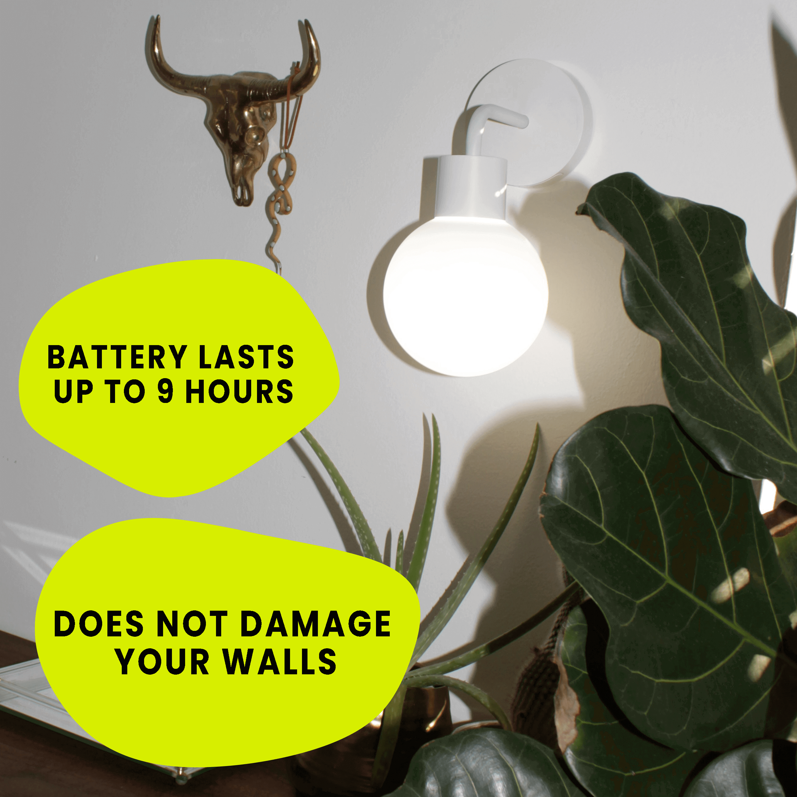 White rechargeable wall light illuminating a room with plant decor, highlighting features like 9-hour battery life and wall-safe installation.