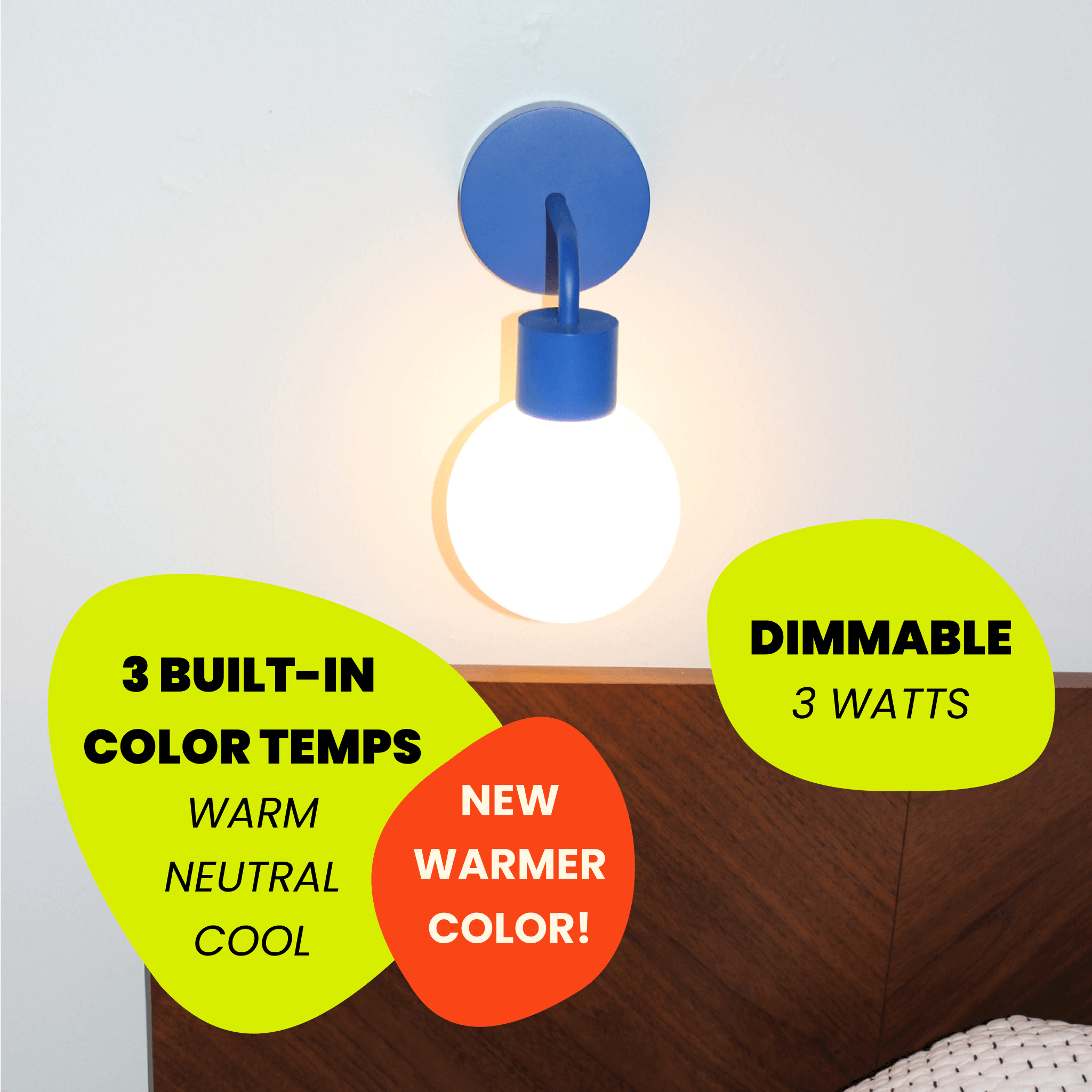 This blue poplight wall light offers 3 built-in dimmable color temperatures.