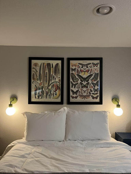 The sage green, rechargeable battery-powered wall sconce adds both illumination and aesthetic charm to the bedroom.