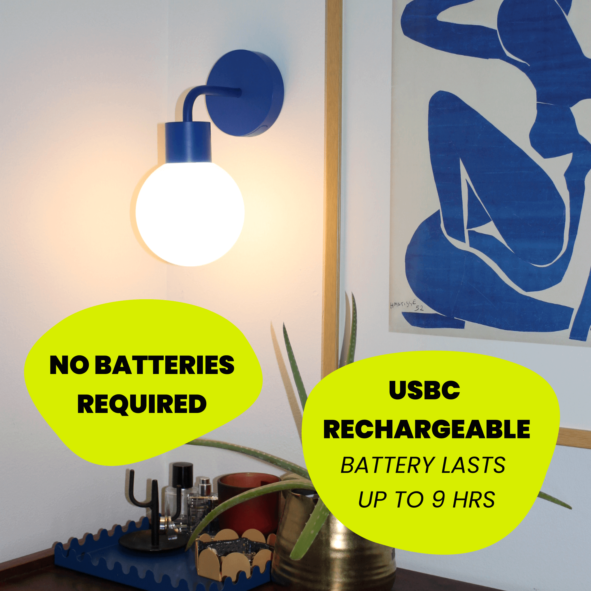 Stick on wall sconce that is USB-C rechargeable which battery lasts up to 9 hours.