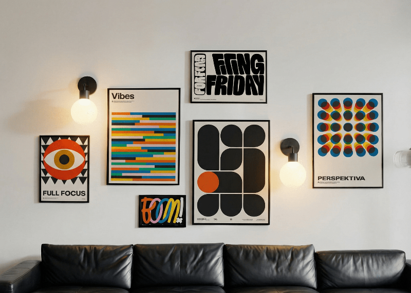 Two matte black Poplight stick-on wall sconces places in the living room wall