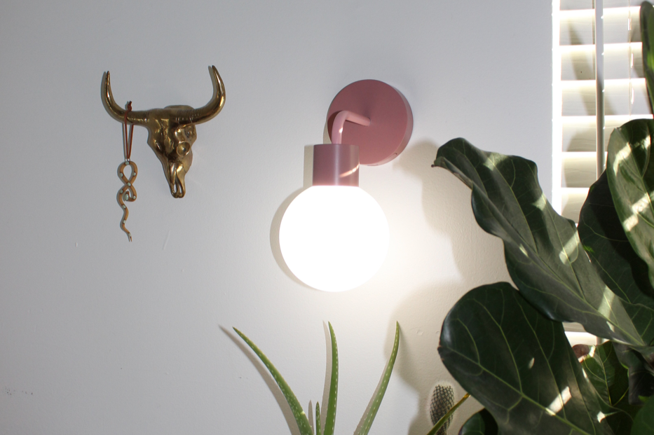 Installed dusty rose rechargeable wall sconce with an animal head decor and an indoor plant.