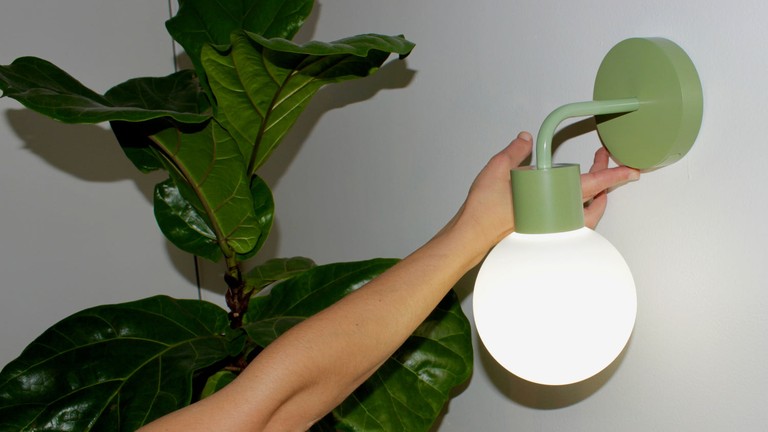A hand switching on the sage green rechargeable wall light sconce with an indoor plant as additional decor.