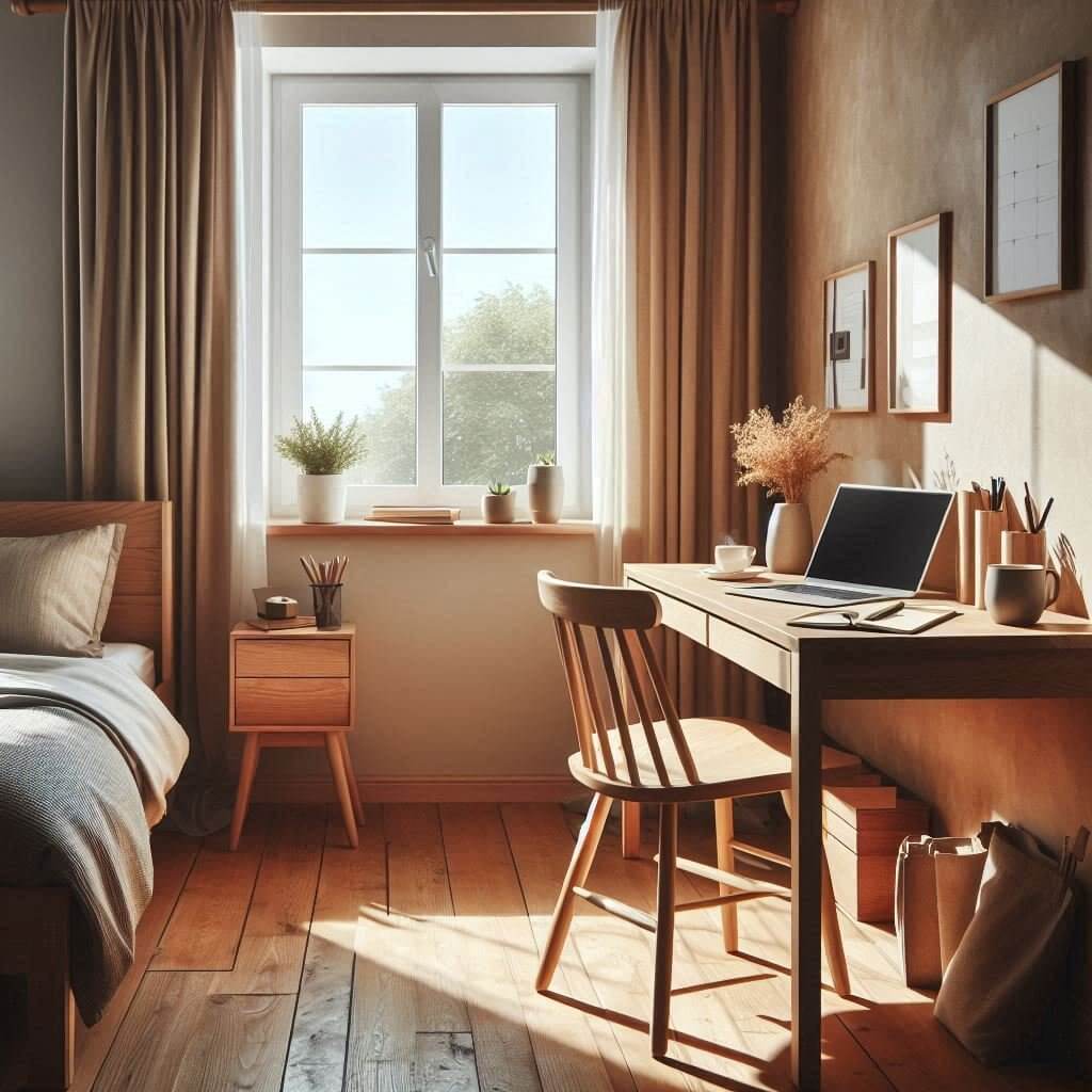 Aprtment bedroom with small office space illuminated with a natural light from the sun.