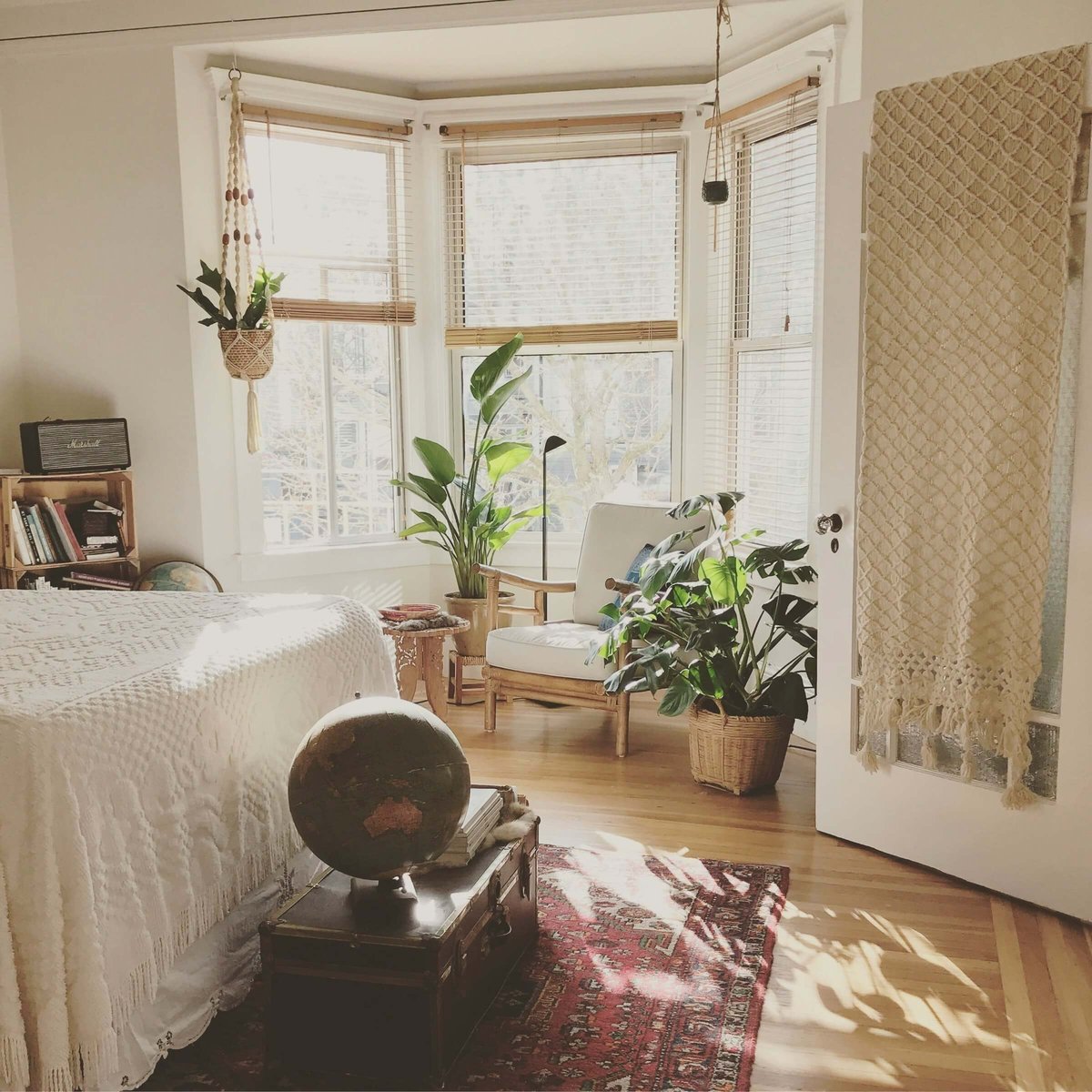 Small bedroom apartment naturally warmly lit by a sunlight decorated by indoor plants.