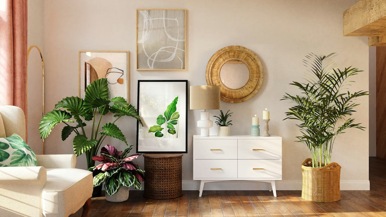 Modern living room with neutral tones, white dresser, tropical plants, abstract art, and natural woven mirror