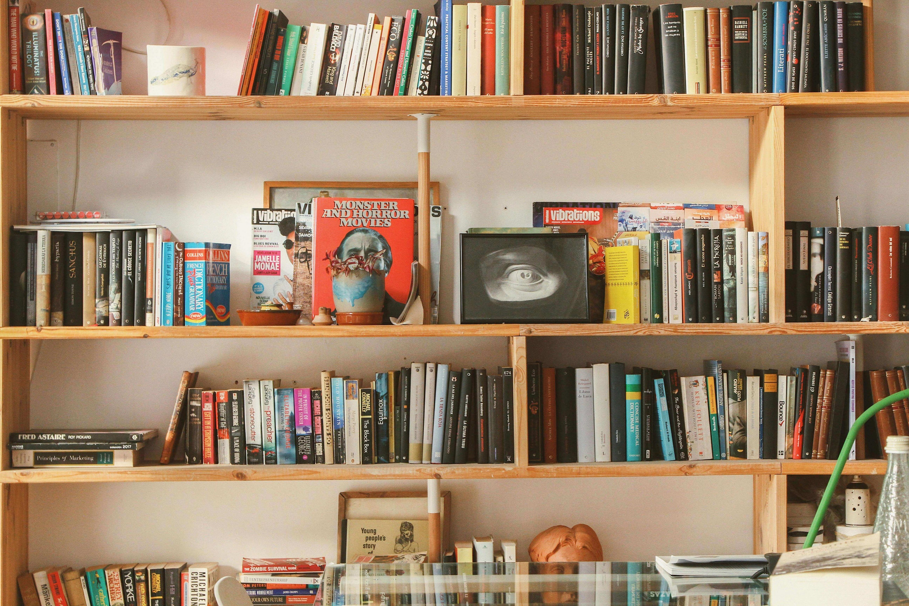 Ladder bookshelves filled with assorted colorful books and decorative items, creating an eye-catching and classic room feature.