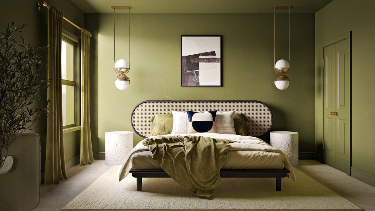 modern aparment room in green wall paint color