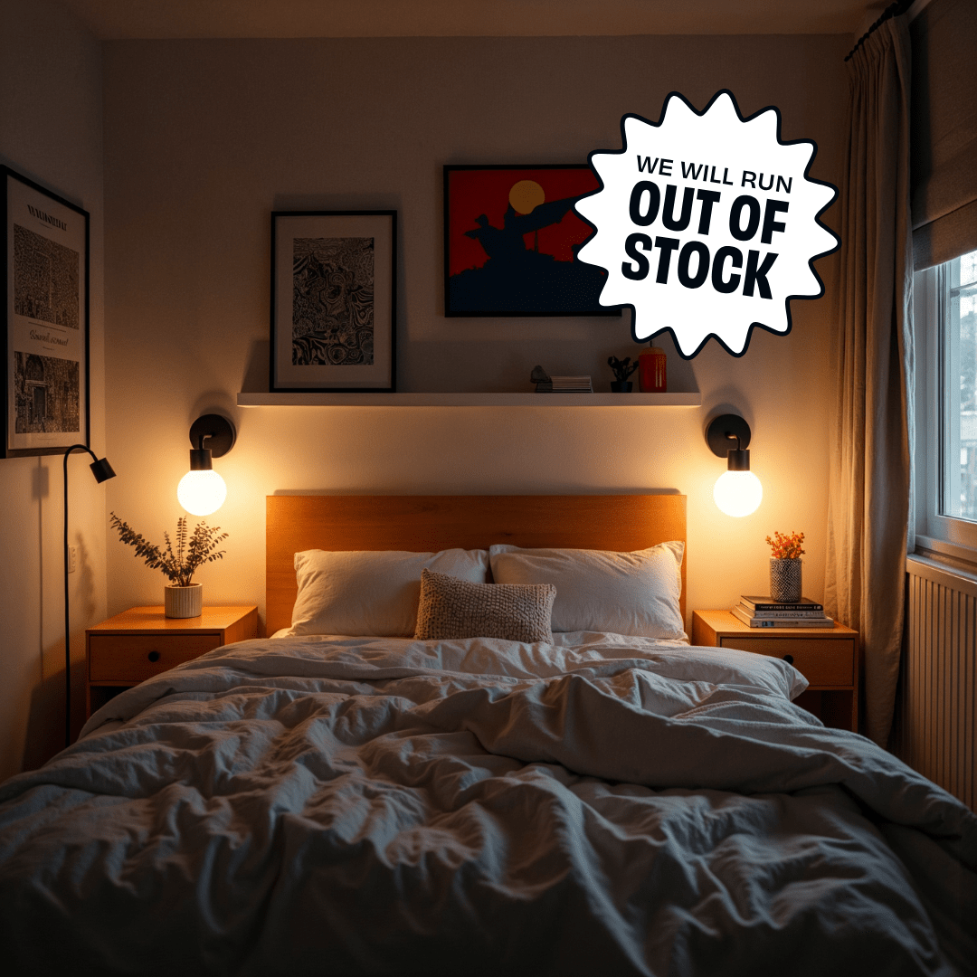 Modern bedroom with wooden bed frame with 2 black Poplight mounted on the wall  and a promotional starburst badge reading &