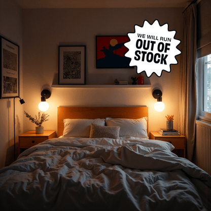 Modern bedroom with wooden bed frame with 2 black Poplight mounted on the wall  and a promotional starburst badge reading &