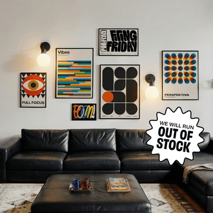 Black leather sofa and ottoman below gallery wall with Black Poplight rechargeable wall sconces and a text graphic overlay that reads "We will run OUT OF STOCK."