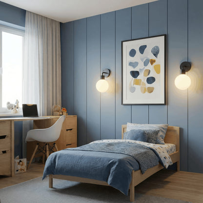 kids bedroom with modern geometric wall painted in blue and two black rechargeable wall light sconces