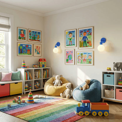 Kids playroom with framed drawings on the wall, wo bean bags, teddies, books and two blue rechargeable wall light sconces
