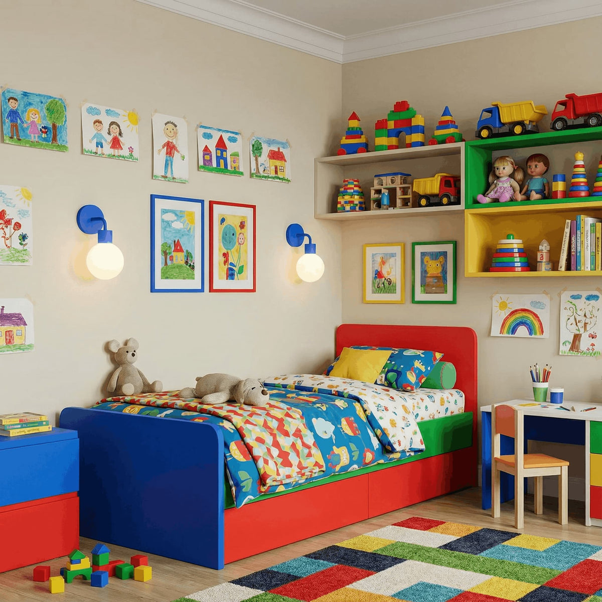 Kids bedroom with colorful bed, lego toys, art works displayed on the wall and two blue rechargeable wall light sconces